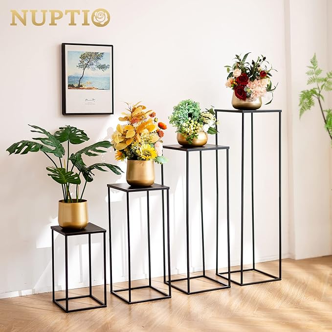 Nuptio Metal Black Vase, 2 Pcs 15.7 inch Tall Cylinder & Square Vases for Centerpieces, Home Party Decorations, Wedding, Anniversary, Birthday, Mother's Day