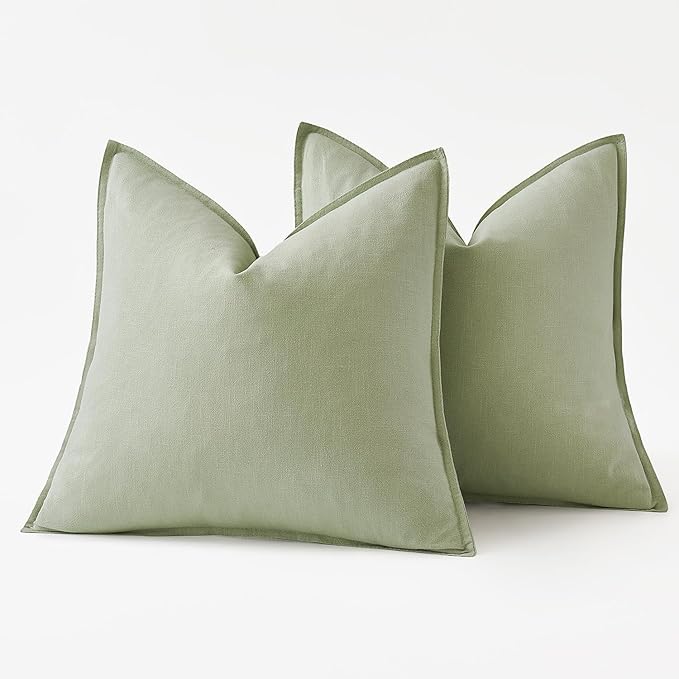 MIULEE Decorative Linen Euro Sham Pillow Covers 22x22 Inch Light Green Boho Farmhouse Neutral Couch Throw Pillows for Bed Pack of 2 Accent Modern Pillowcase Summer Sofa Livingroom Home Decor