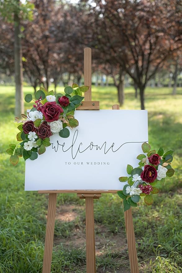 WEIERYUE(Pack of 2 Artificial Flowers Decorations,Artificial Arch Backdrop Garlandfor Ceremony Party Reception Entrance Welcome Easel Door Floral Decor Wall Home Entryway Outdoor(Wine red)
