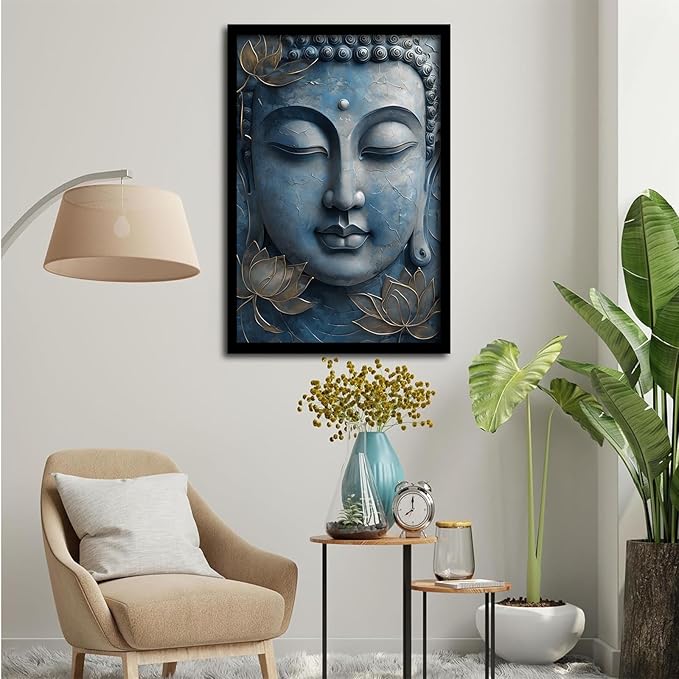 Canvas wall art Golden lotus crown Serene Buddha poster Ethereal blue toned art with delicate floral decor Zen wall art for a tranquil meditation space 24x36in Metal blackFramed