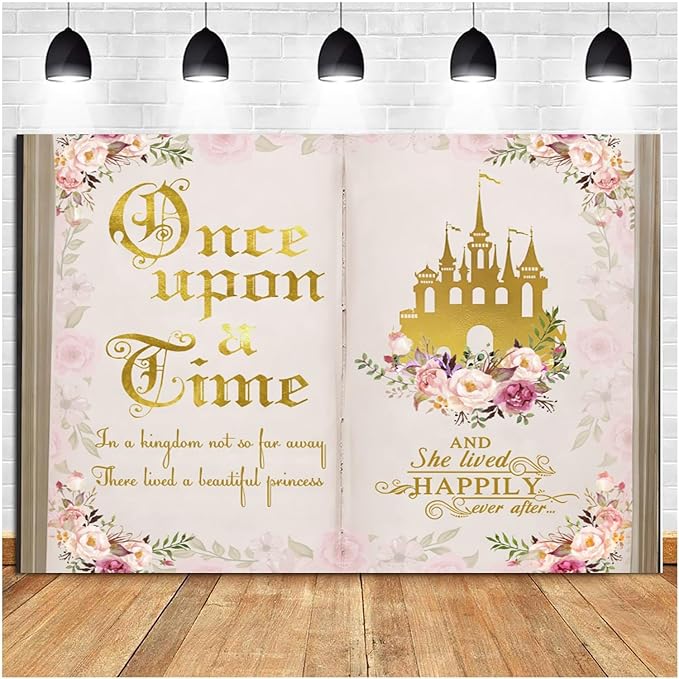 10x8ft Once Upon a Time Backdrop Pink Flower Gold Castle Photography Background Fairy Tale Books Floral Princess Girls Birthday Banner Decorations Fairytale Wedding Portrait Photo Booth Prop