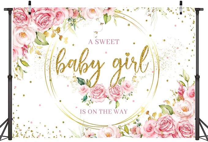 Sensfun Glitter Gold Baby Girl Backdrop Pink Floral Baby Photography Background Watercolor Flower Sweet Baby Girls Party Decorations Banner Photo Booth Supplies 10x6.5ft