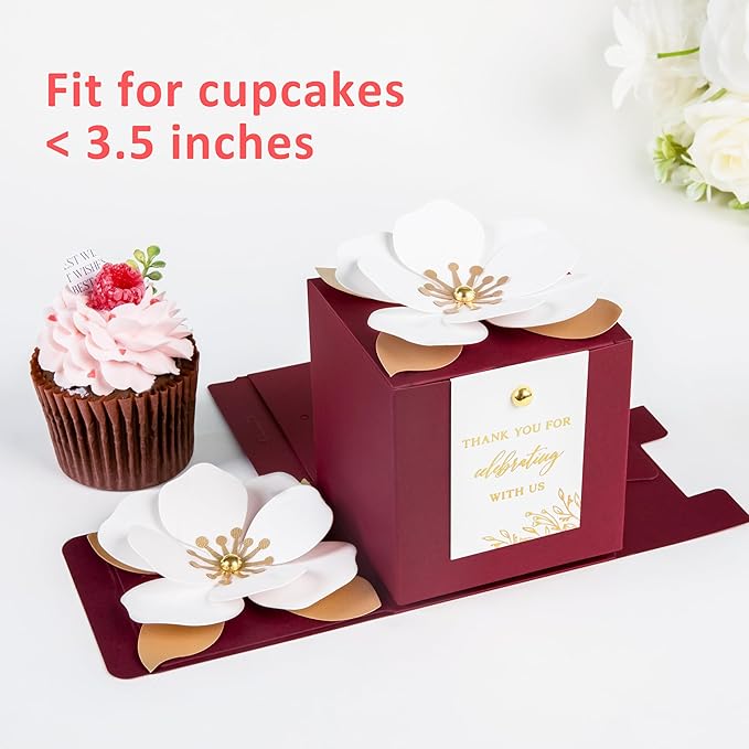 FEIYI 20 PCS Burgundy Gift Boxes, 3 In 1 Favor Boxes with Floral Decor, White Thank You Tags Gift wrapping for Wedding, Christmas, Baby Shower, Birthday, Decorations Party - 3.55x3.55x3.55