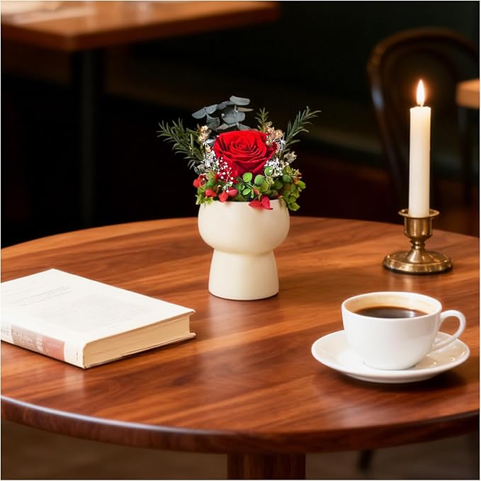 Preserved Floral Gift Set, Everlasting Rose in Small Ceramic Pot - Lasting Beauty for Home Table Decor, Mother's Day, Valentine's Day, Birthday, and Anniversary (Red)