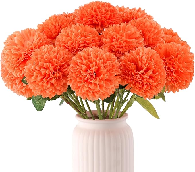 Hananona 12 Pcs Artificial Chrysanthemums Flowers Marigolds Ball Flower, Orange Fake Mums Silk Fall Flowers for Autumn Dia de Los Muertos Home Decor Day of The Dead Table Centerpiece (12, Orange)