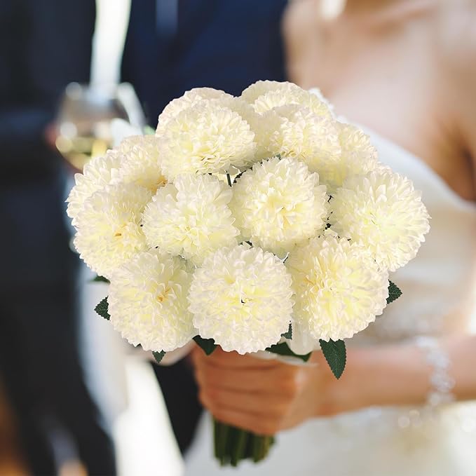 Hananona 12 Pcs Artificial Chrysanthemums Flowers Ball Flower, Fake Mums Flowers White Silk Flowers for Spring Home Decor Indoor Floral Arrangement Table Centerpiece (12, White)