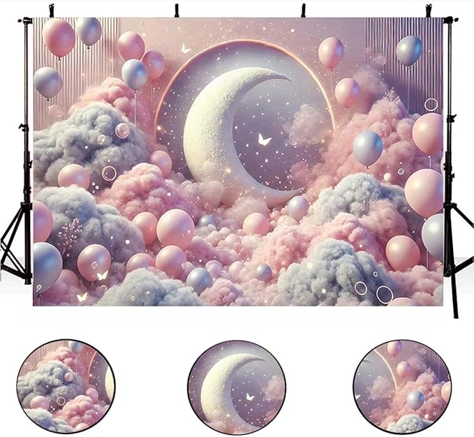 Dreamy Moon and Balloons Backdrop Pink Dreamy Balloon Moon Baby Birthday Decoration Kids Portrait Photo Backdrop Newborn Baby Photography Background (8x6feet)