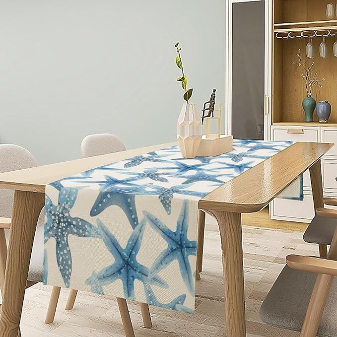 Starfish Plaid Table Flag Green Plaid and Marine Life Starfish Kitchen Table Flag Suitable for Birthday Party Restaurant Decoration Outdoor Picnic 13 * 90 Inch