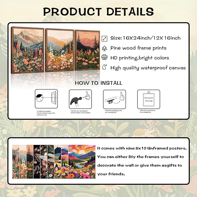 Colorful Nature Floral Wall Art Set of 3 12x16in Wood Framed, with 9 Bonus 8x10in Poster Art Prints, Boho Retro Wildflower Landscape Artwork Wall Decor for Living Room Bedroom Home Decor