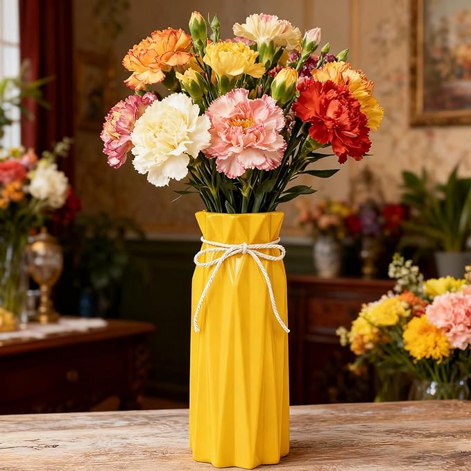 Ceramic Vase for Home Decor Yellow Modern Flower Vase for Pampas Grass Dried Flowers 9.5" H x 3.9" W Vases for Living Room Decorations Porcelain Tulip Vases for Table Kitchen Decor