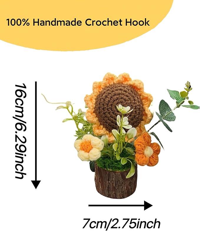 Handmade Crochet Knitted Sunflower Bouquet Creative Knitted Potted Plant Mini Cute Home Desktop Decorations and Gifts for Friends, Lovers, Classmates