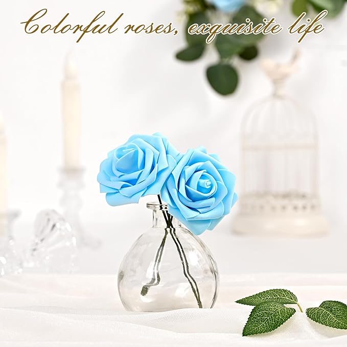 BLEUM CADE 16Pcs Artificial Flowers Fake Roses with Stems, Sky Blue Boxed Foam Roses for DIY Bouquets Centerpieces Wedding Party Arrangement Bridal Shower Decor