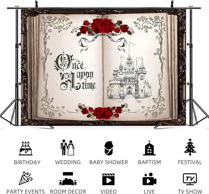 5x4ft Once Upon a Time Backdrop Princess Castle Wedding Party Photography Background Fairytale Book Romantic Story Red Roses Bridal Shower Decorations Birthday Portrait Photo Booth Prop