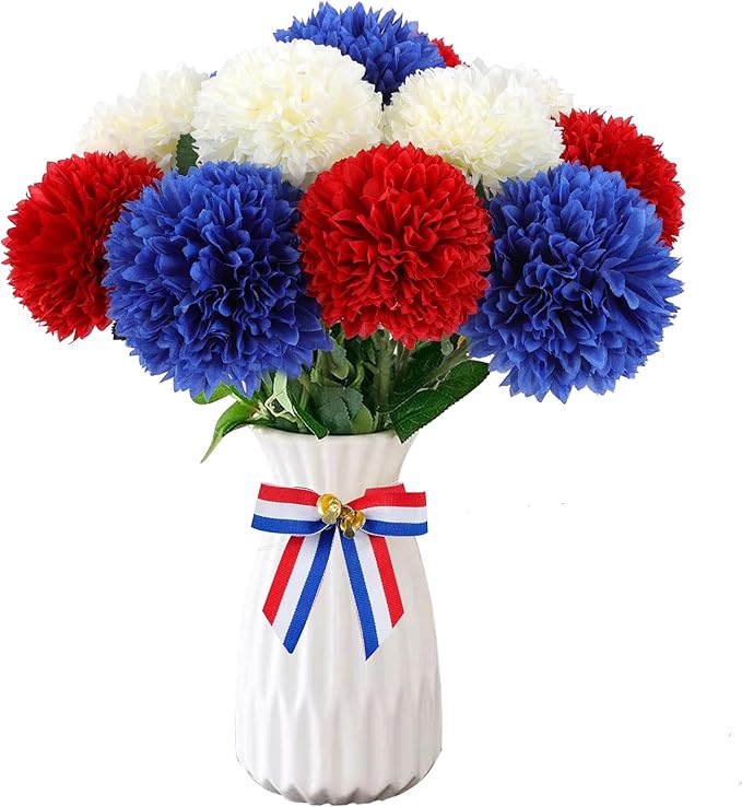 Hananona 12 Pcs Artificial Chrysanthemums Flowers Patriotic Flower, 4th of July Fake Mums Flowers Silk for Home Decor Indoor Memorial Day Table Centerpiece Vase not Included (12, Red, White, Blue)