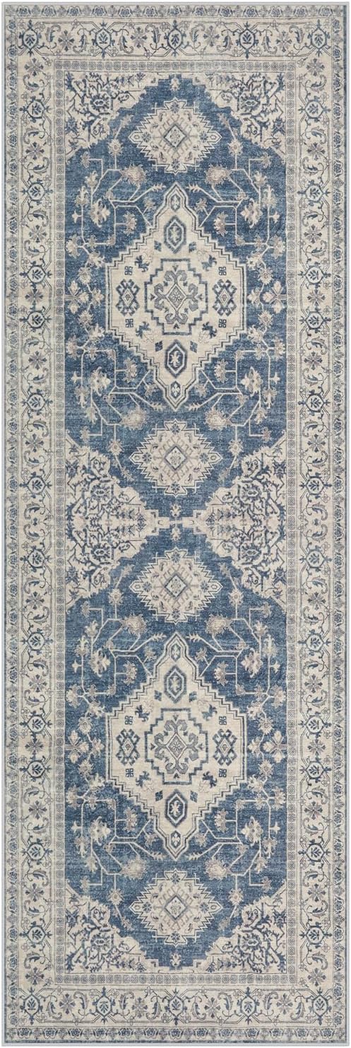 Lahome Oriental Kitchen Runner Rug Non Slip, 2x5 Washable Hallway Runner with Rubber Backing, Vintage Hallway Rug Ultra-Thin Soft Carpet for Bedroom Bathroom, Blue