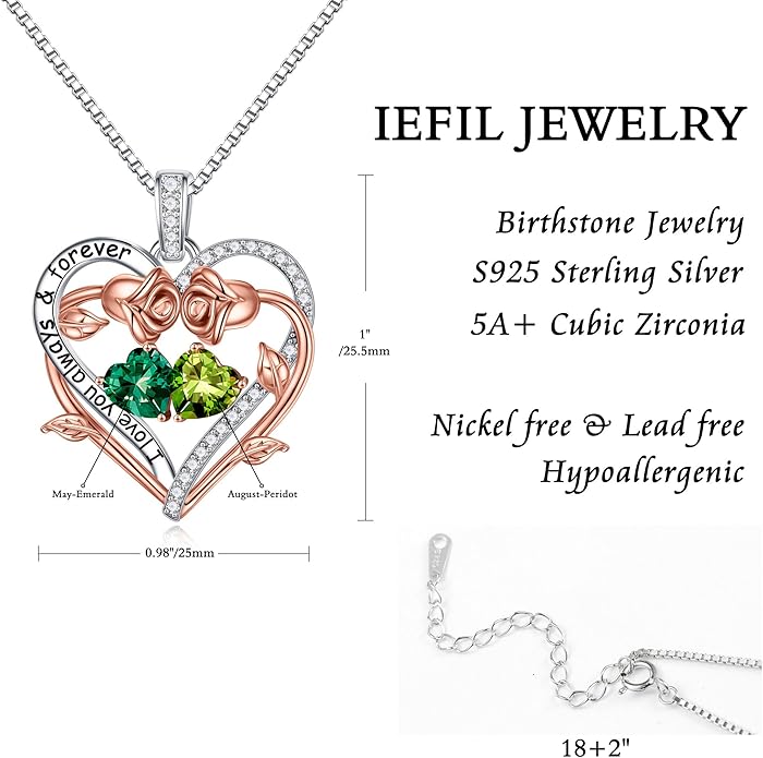 Iefil Rose Heart Double Birthstone Necklace Gifts for Wife Her Mom Women, Birthstone Jewelry Gemstone Birthday Gifts for Girlfriend Grandma Her Wife Women