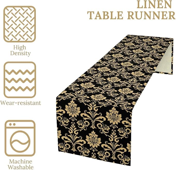 Gold Damask Table Runner,Gothic Antique Victorian Floral Boho Table Runner for Home Kitchen Table Dining Garden Farmhouse Wedding Party Decor 13x90 Inch