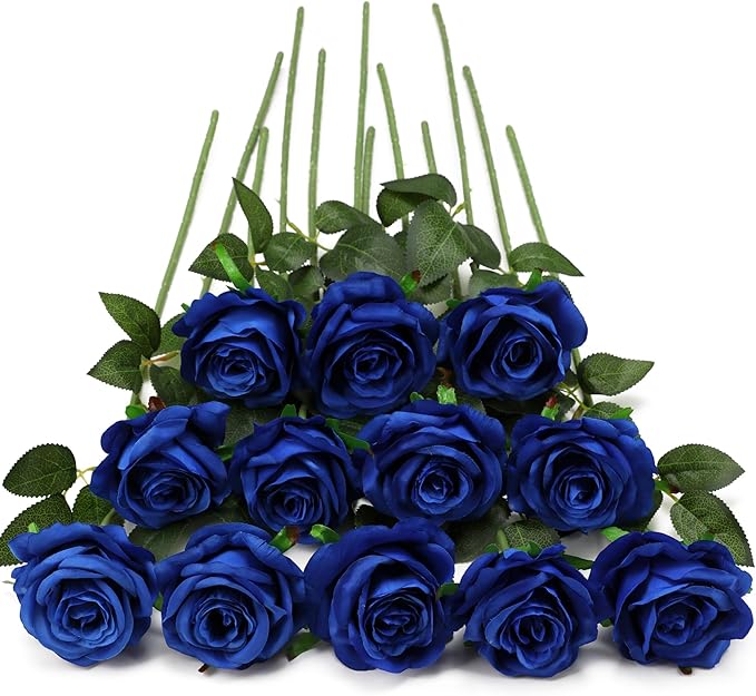 Blue Fake Roses Artificial Flowers - 10 Pcs Fake Artificial Roses Silk Flowers with Stems for Home Wedding Hotel Office Centerpiece Decor