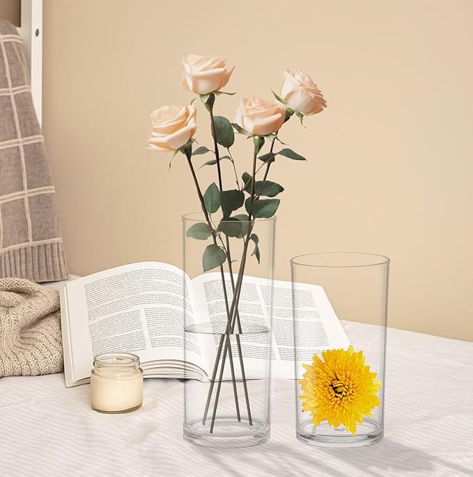 KLIFA- Carlsbad- Set of 4 Pieces, 6, 7, 9 & 10 Inch Tall, Plastic Cylinder Vases for Centerpieces, Acrylic Flower Vase for Wedding Centerpieces, Home Decorations, Clear