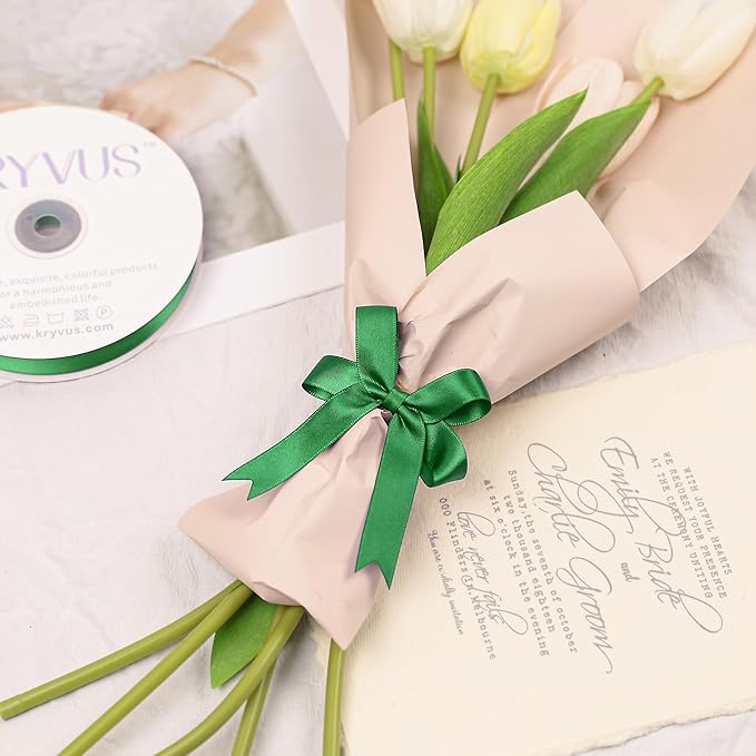 Green Satin Ribbon, Double Faced 5/8 Inch X 25 Yards Green Ribbon, Premium Satin Ribbon for Gift Wrapping, Crafts, Hair Bow Making, Sewing, Flower Bouquet, Wedding Party Decor