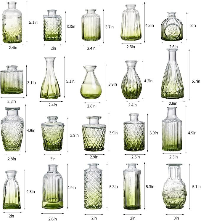 Glass Bud Vase Set of 20 - Small Vases for Flowers in Bulk - Assorted Vintage Crystal Vases for Flowers, Table Centerpieces (Green, 20 Pcs)
