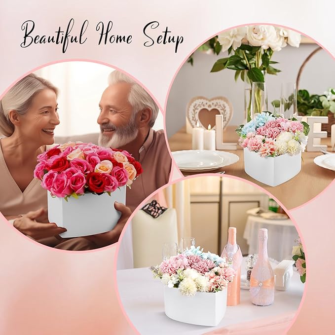 Nuenen Heart Shaped Flower Gift Boxes, Floral Gift Box with Lids Floral Foam Clear Cellophane 9.8 x 9 x 5 Inches for Birthday Wedding Proposal Packaging Arrangements(White)