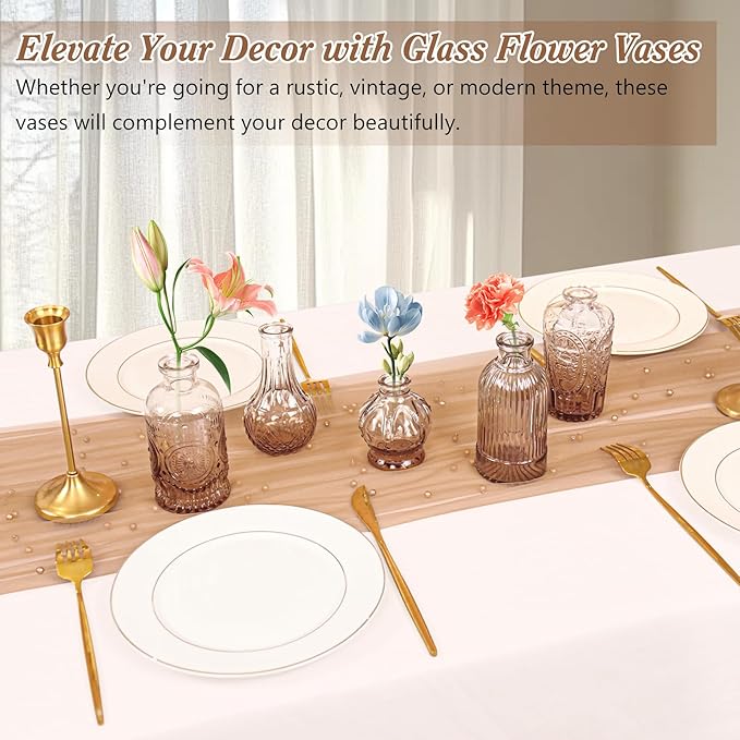 Set of 40 Glass Bud Vases, Small Amber Glass Vases in Bulk, Mini Vintage Embossed Flower Vase for Wedding, Centerpieces, Birthday Party, Baby Shower, Home Table Decorations (Amber)