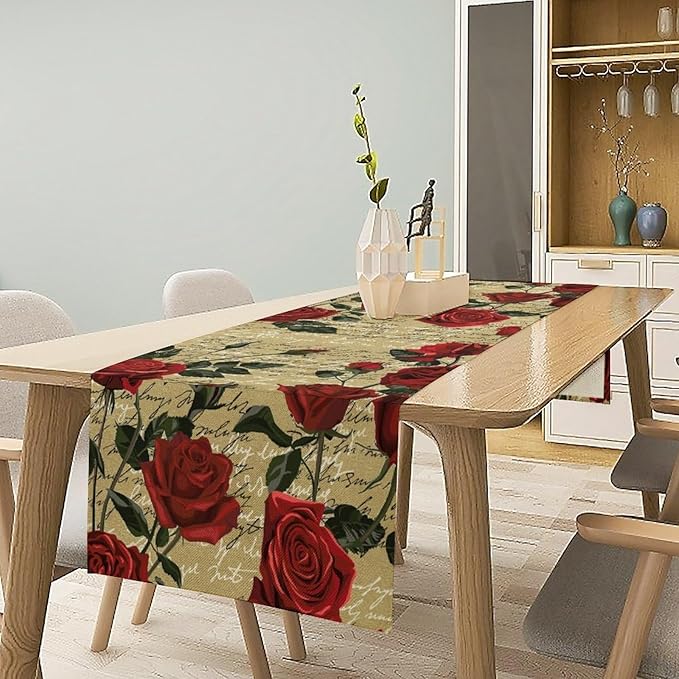 Red Rose Print Table Runner, Vintage Rose Spring Summer Seasonal Romantic Valentines Dinner Runner Table Decoration for Home Kitchen Dining Holiday Wedding Party 13x36in