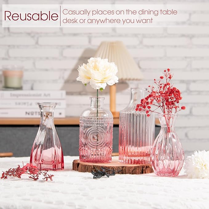Pink Glass Bud Vases Set of 12, Vintage Mini Vases for Centerpieces, Glass Bud Vase in Bulk for Wedding Decor, Single Flowers, Office and Home Table Flower Décor