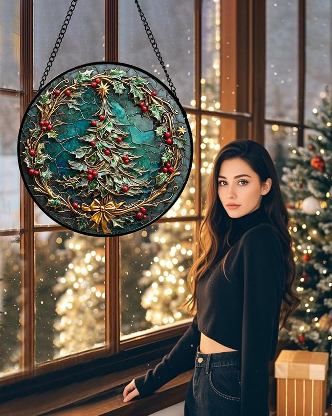 Stained Glass Window Hangings - Red Gold Green Wreath Suncatcher for Door Home Christmas Tree Decoration Sun Catcher Thanksgiving New Year Birthday Gift for Women Men Mom Grandma 9.8 in