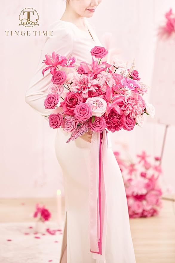 TINGE TIME 17 Inch Artificial Bridal Bouquet Realistic Silk Wedding Bouquet, Durable Fake Flowers for Brides, Bridesmaids, Home Decor, and Events (Hot Pink)