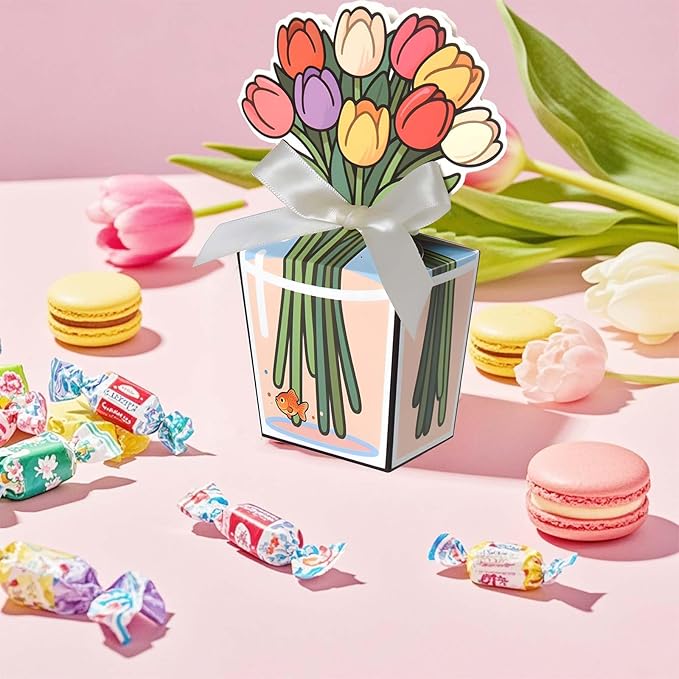 Tizee 3D Floral Gable Boxes with Ribbon - Mini Gift Bags for Party Favors, Birthday, Wedding, Mothers Day, Cookies, Candy, and More (20 Pack)
