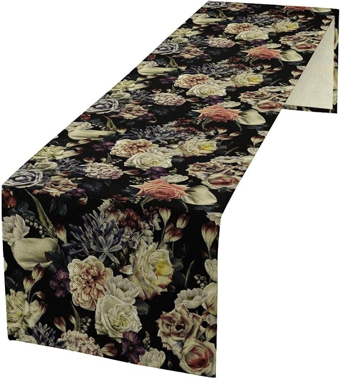Vintage Flowers Table Runner,Black Rose Peony Gothic Floral Spring Summer Seasonal Table Runner for Home Kitchen Table Dining Indoor Outdoor Party Decor 13x108 Inch
