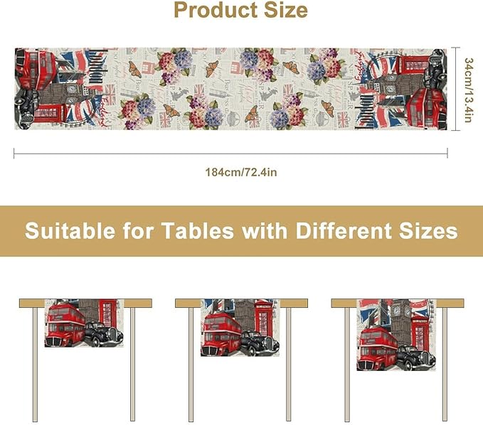 British Table Runner, Seasonal Vintage Floral England London Culture Element Coffee Table Center Decor for Home Kitchen Dining Patio Holiday Party Table Decorations 13x36 inches
