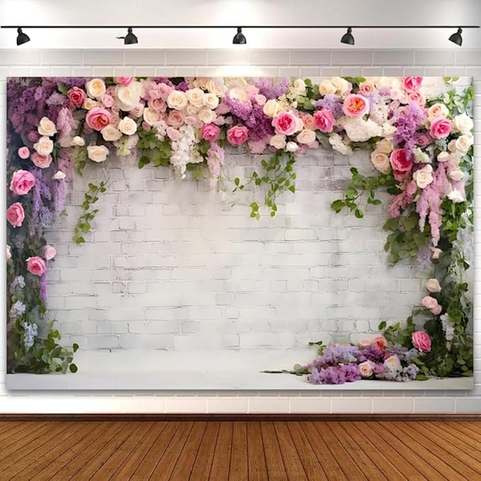 10x8ft Retro White Brick Wall Floral Backdrop Romantic Roses Vine Leaves Photography Background Girls Birthday Party Wedding Bridal Shower Flowers Brick Wall Decoration Supplies Photo Booth Props