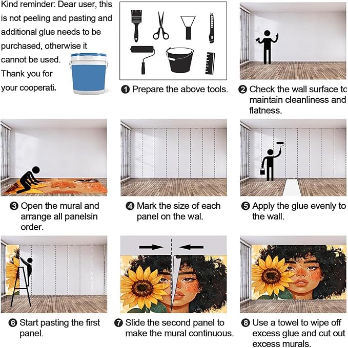 Sunflower Woman Art Wall Mural, Curly Hair Girl with Sunflower 3d Wall Murals, Modern Portrait and Flower Wallpaper Mural, for Living Room Bedroom Large Wallpaper Indoor Decor 118"W x 82.6 "H