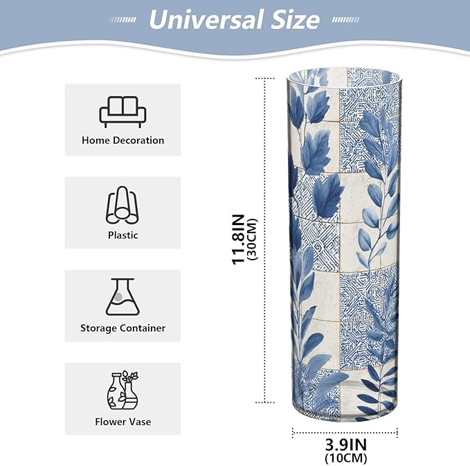 Flower Vase Clear Plastic Cylinder Vases Decor for Centerpieces Home Storage Office Weddings Blue Boho Plant 11.8 x 3.9 in