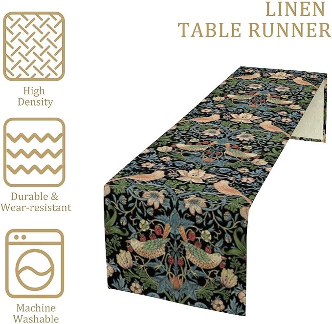 William Morris Floral Table Runner, Strawberry Thief Birds in Green and Blue Table Runner for Home Kitchen Dining Table Decoration,13x60 Inch
