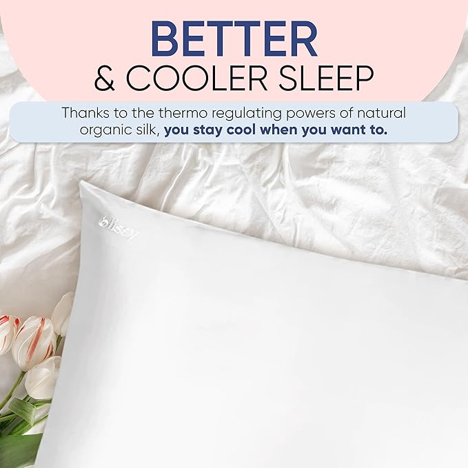 Blissy Silk Pillowcase - 100% Pure Mulberry Silk - 22 Momme 6A High-Grade Fibers - Silk Pillow Cover for Hair & Skin - Regular, Queen & King (Blissy White, Standard)