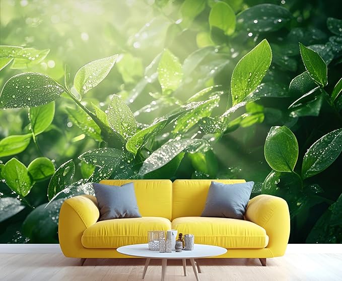 Dewdrops Green Leaf Wall Mural, Botanical Forest Sunlight 3D Wall Murals, Refreshing Nature Wallpaper Mural, for Living Room Bedroom Large Wallpaper Indoor Decor 59" W x39.4 H