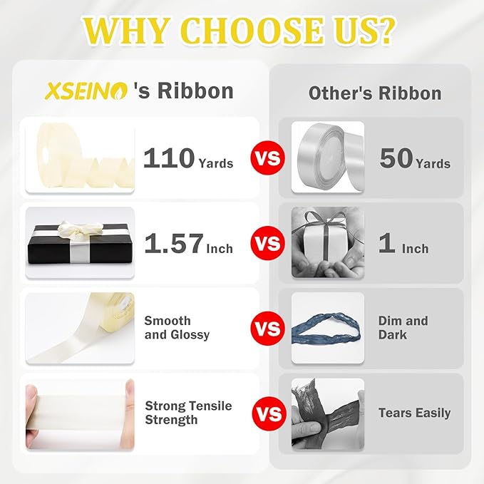 XSEINO 110 Yards Ribbon,1 1/2 Inch Ivory White Satin Ribbon for Flower Bouquet, Gift Wrapping, Ribbons for Crafts, Hair Bows Making, Wedding Party Decoration, Sewing, Invitation Cards, Christmas