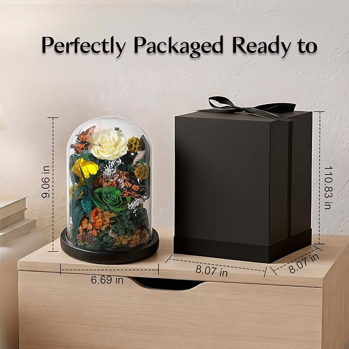 Preserved Rose with Butterfly, LED Forever Flowers in Glass Dome, Eternal Flowe for Women, Birthday Gifts for Mom Friend, Includes Greeting Card & Luxury Gift Box (Green)