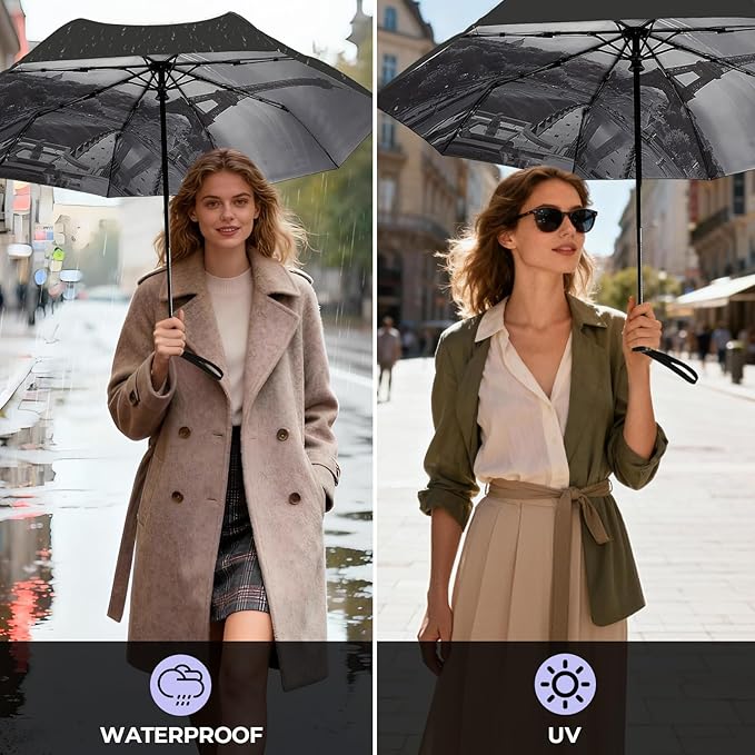 LLanxiry Compact Travel Umbrella, 44" Canopy, Automatic Open/Close Windproof Umbrella, 210T Pongee, 8-Rib Fiberglass, Travel Size Mini, Portable Rain/Sun Umbrellas UPF 50+ with Cover