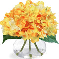 Hydrangea Artificial Flowers in Glass Vase, Orange Silk Fake Flowers Silk Centerpiece Table Decorations for Dining Room， Coffee Table Decor，Wedding, Home with Faux Water Decor（Orange）