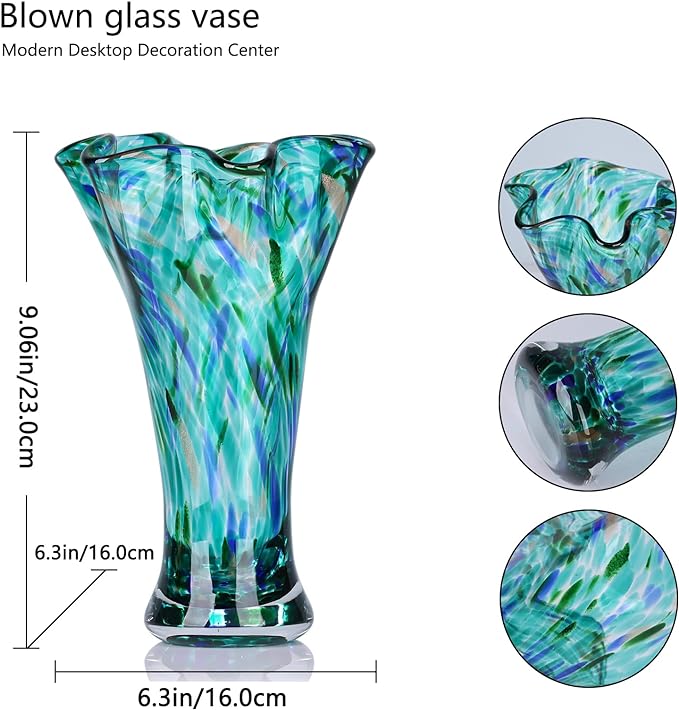 9.0" H Teal Glass Vases for Flowers, Unique Hand Blown Glass Vase Green Home Decor, Wide Mouth Colorful Flower Vase Centerpieces, for Living Room Table Bookshelf, Bathroom Office Shelf Decorative