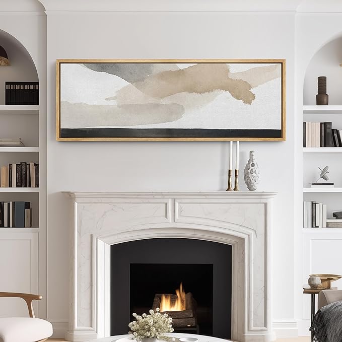 SIGNFORD Large Framed Canvas Print Wall Art Neutral Gray Beige Abstract Brushstroke Illustrations Modern Art Relax/Calm Warm for Living Room, Bedroom, Office - 60"x20"