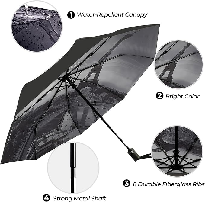 LLanxiry Compact Travel Umbrella, 44" Canopy, Automatic Open/Close Windproof Umbrella, 210T Pongee, 8-Rib Fiberglass, Travel Size Mini, Portable Rain/Sun Umbrellas UPF 50+ with Cover