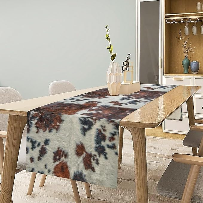 Cow Print Table Runner, Brown Cowhide Print Western Style Table Runner Country Farmhouse Cottage Cow Patten Table Decoration for Home Kitchen Dining, 13x60 in