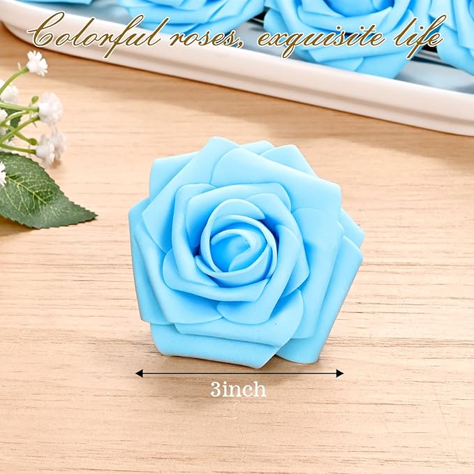 BLEUM CADE 16Pcs Artificial Flowers Fake Roses with Stems, Sky Blue Boxed Foam Roses for DIY Bouquets Centerpieces Wedding Party Arrangement Bridal Shower Decor