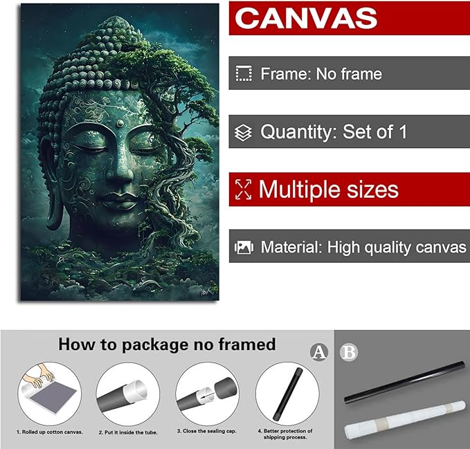 Buddha statue wall art canvas wall decor aesthetic picture mystical nature art for tranquil home and spiritual space 32x48in Frameless